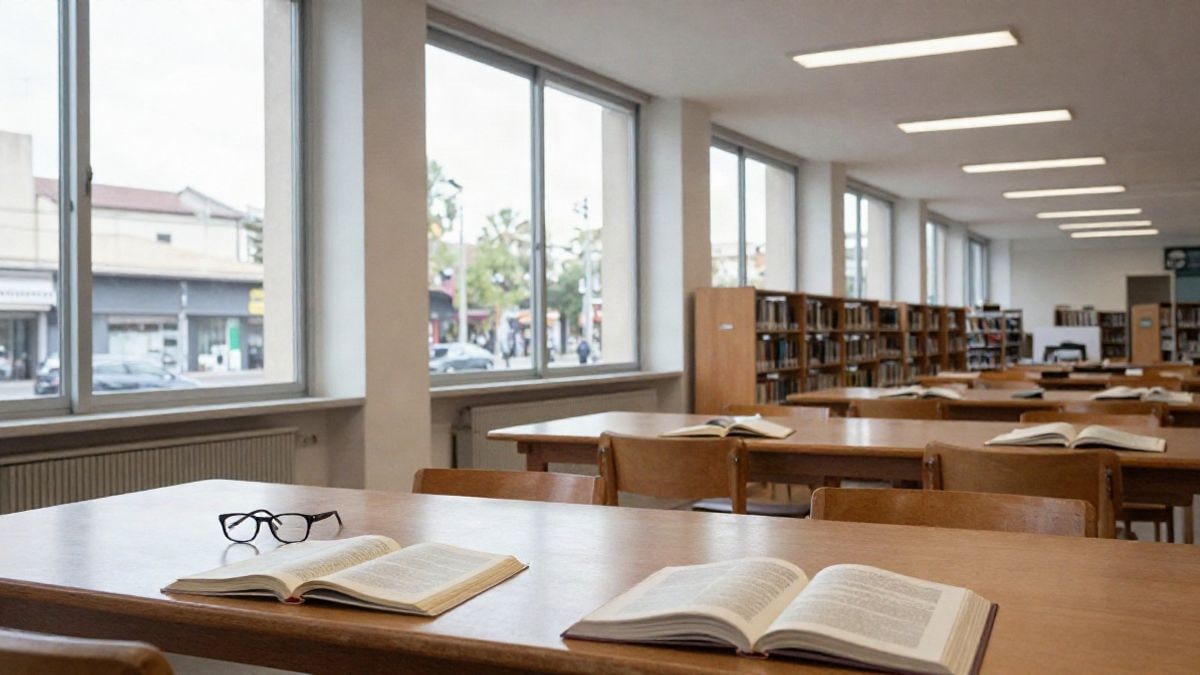 Imagen ilustrativa: interior de una biblioteca con mesas de lectura iluminadas por ventanales y estanterías de libros.