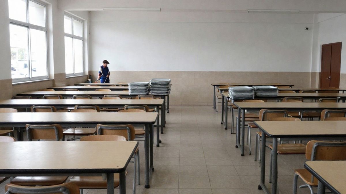 Imagen ilustrativa: comedor escolar vacío con mesas y bandejas apiladas junto a una ventana