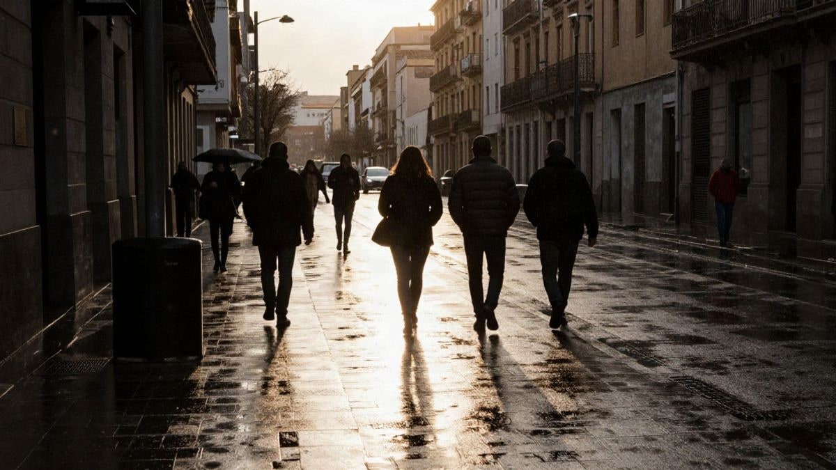 Imagen ilustrativa: siluetas urbanas a contraluz al atardecer con lluvia y reflejos en el suelo