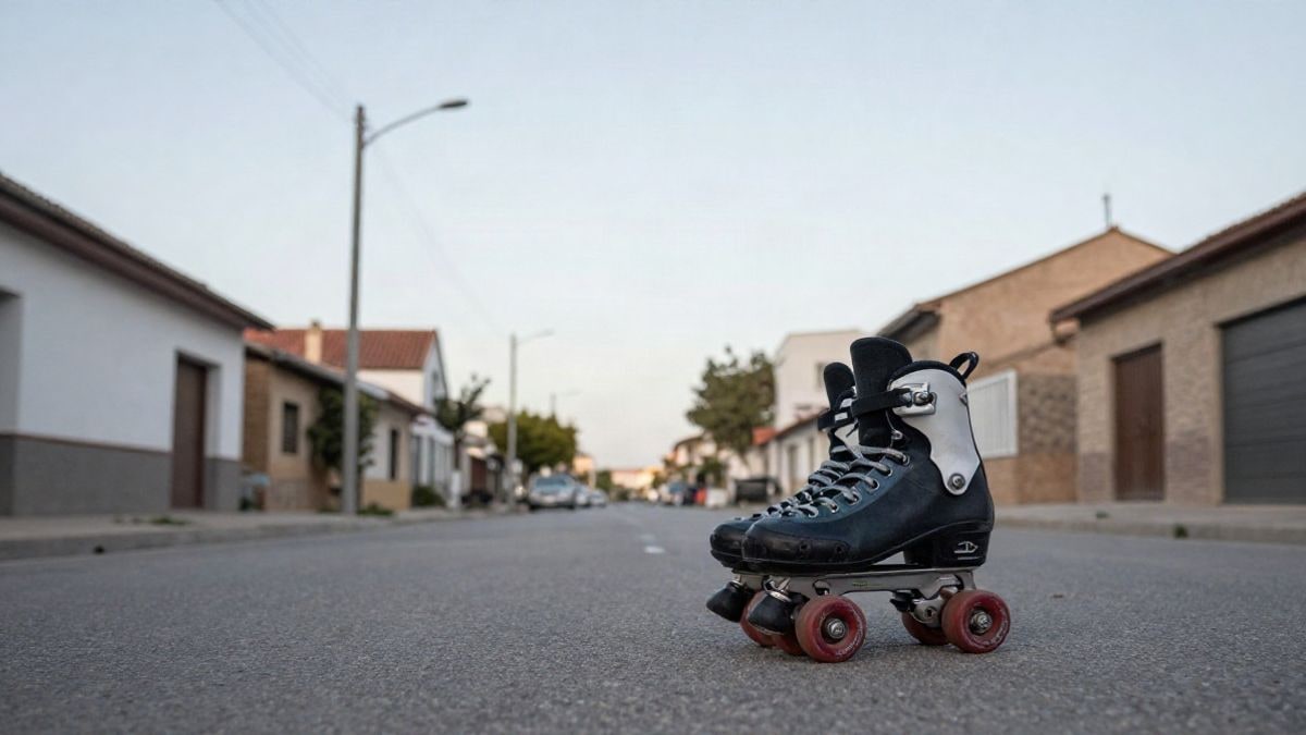 Imagen ilustrativa: patines sobre el asfalto de una calle residencial con cielo despejado