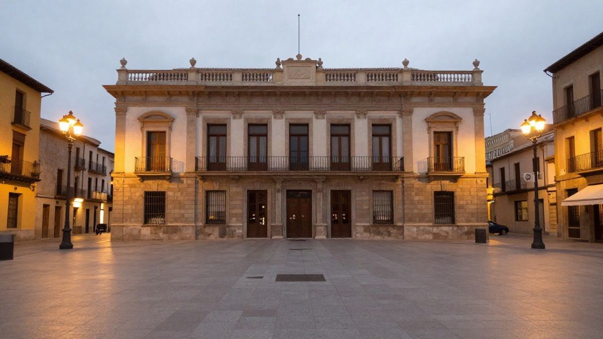 Imagen ilustrativa: fachada de un edificio municipal genérico iluminada por farolas en una plaza nocturna