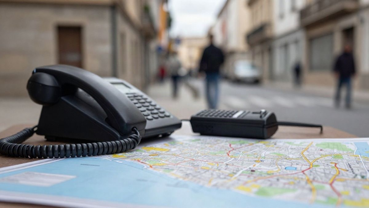 Imagen ilustrativa: primer plano de un puesto de coordinación de emergencias con teléfono, radio y plano urbano