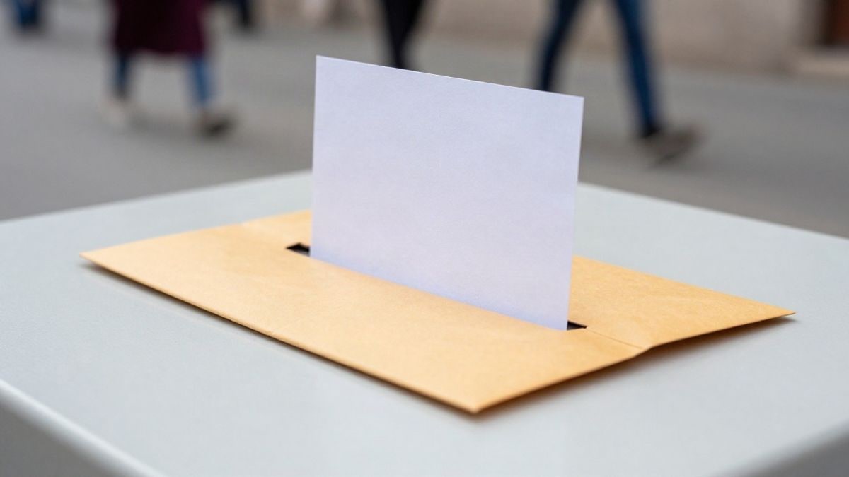 Imagen ilustrativa: primer plano de una ranura de urna y un sobre de papel doblado sobre una mesa