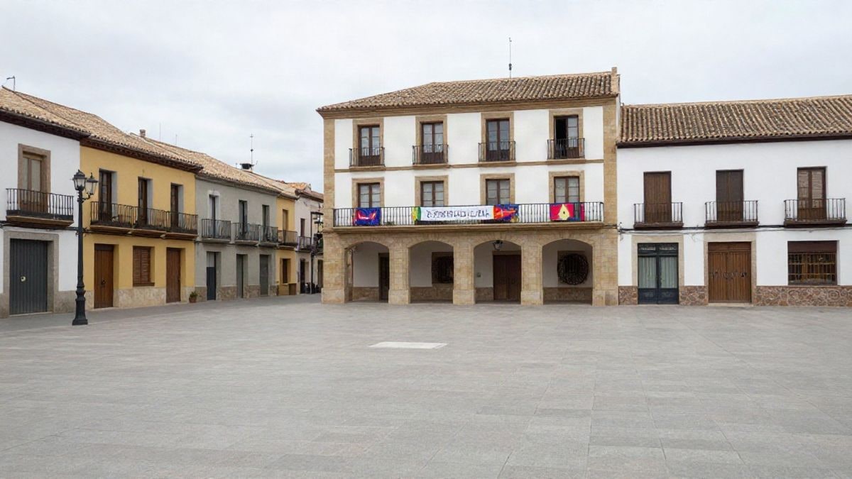 Imagen ilustrativa: plaza con edificio consistorial y balcón engalanado para la fiesta mayor.
