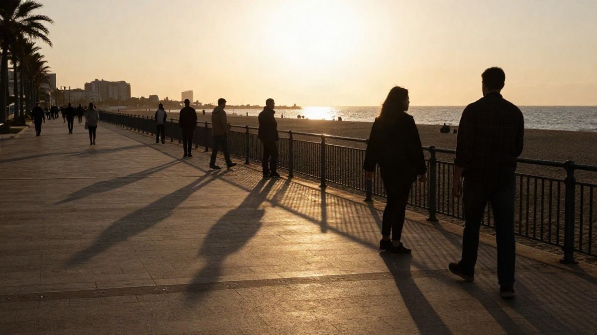 Imagen ilustrativa: paseo marítimo urbano genérico al atardecer con siluetas lejanas y sombras largas sobre el pavimento