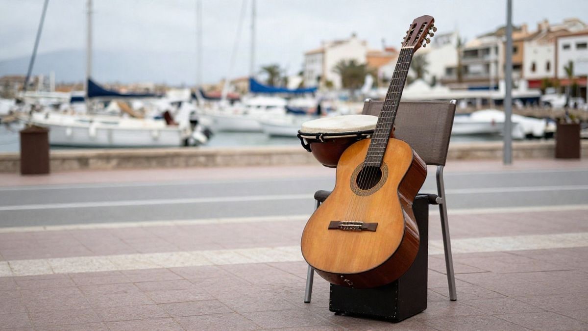 Imagen ilustrativa: una guitarra y un cajón sobre una silla en una terraza cercana a un puerto deportivo.