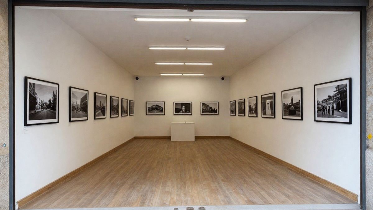 Imagen ilustrativa: sala de exposiciones vacía con fotografías en blanco y negro enmarcadas en las paredes