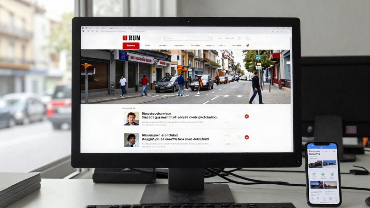 Imagen ilustrativa: pantalla de ordenador con un portal web municipal y un móvil con redes sociales sobre una mesa de oficina.