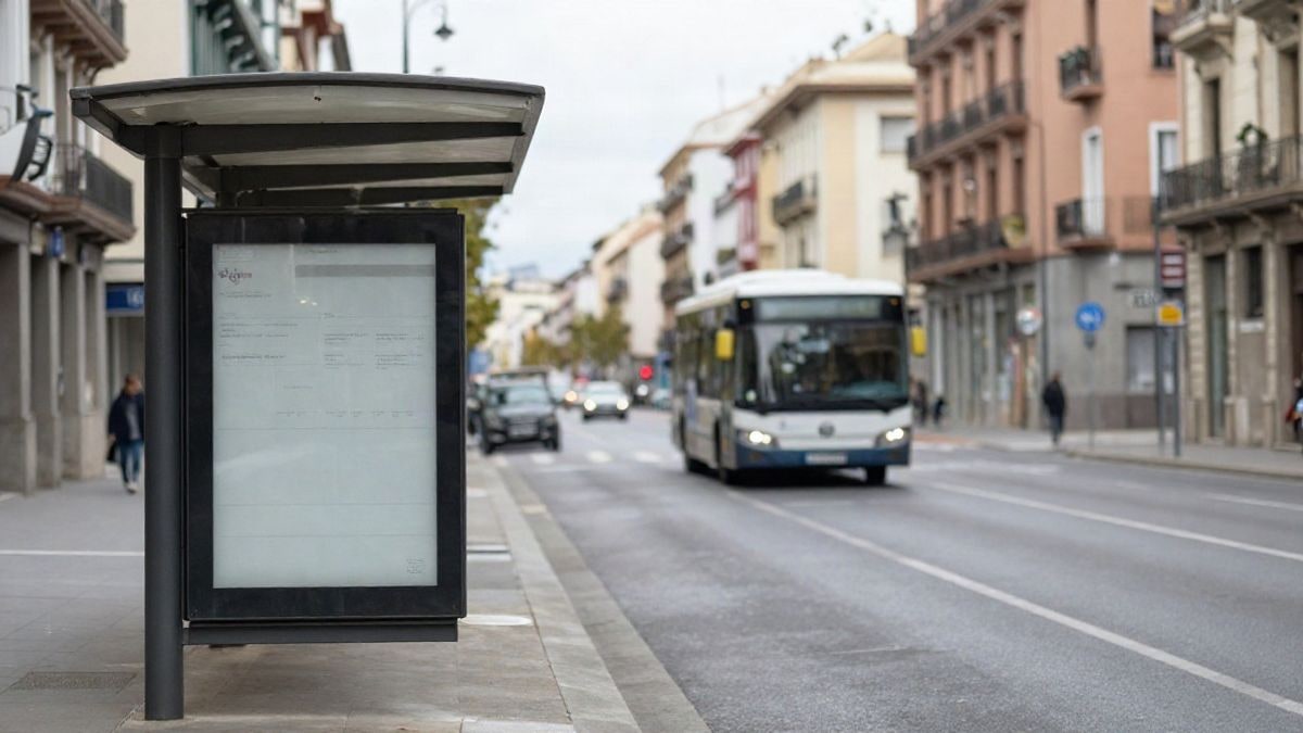 Imagen ilustrativa: una parada de autobús en una calle urbana genérica con un autobús acercándose al fondo
