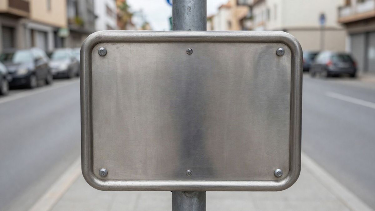 Imagen ilustrativa: detalle de un poste metálico de parada de autobús en una acera urbana