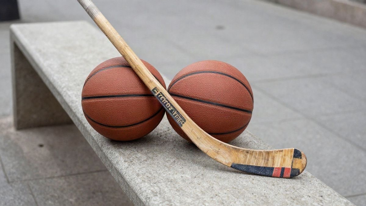 Imagen ilustrativa: detalle de un palo de hockey y un balón de baloncesto sobre una superficie de hormigón
