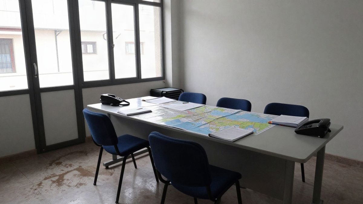 Imagen ilustrativa: sala de emergencias municipal con mesa de mapas y sillas vacías junto a una ventana lateral
