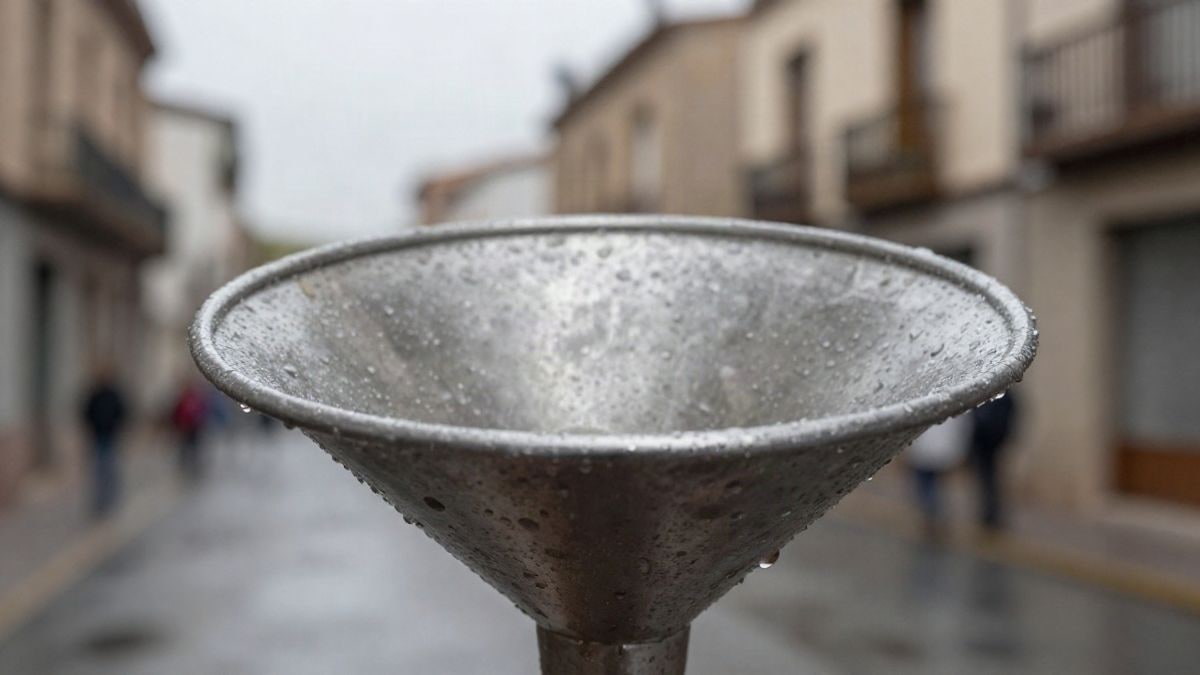 Imagen ilustrativa: primer plano de un pluviómetro metálico mojado recogiendo agua de lluvia