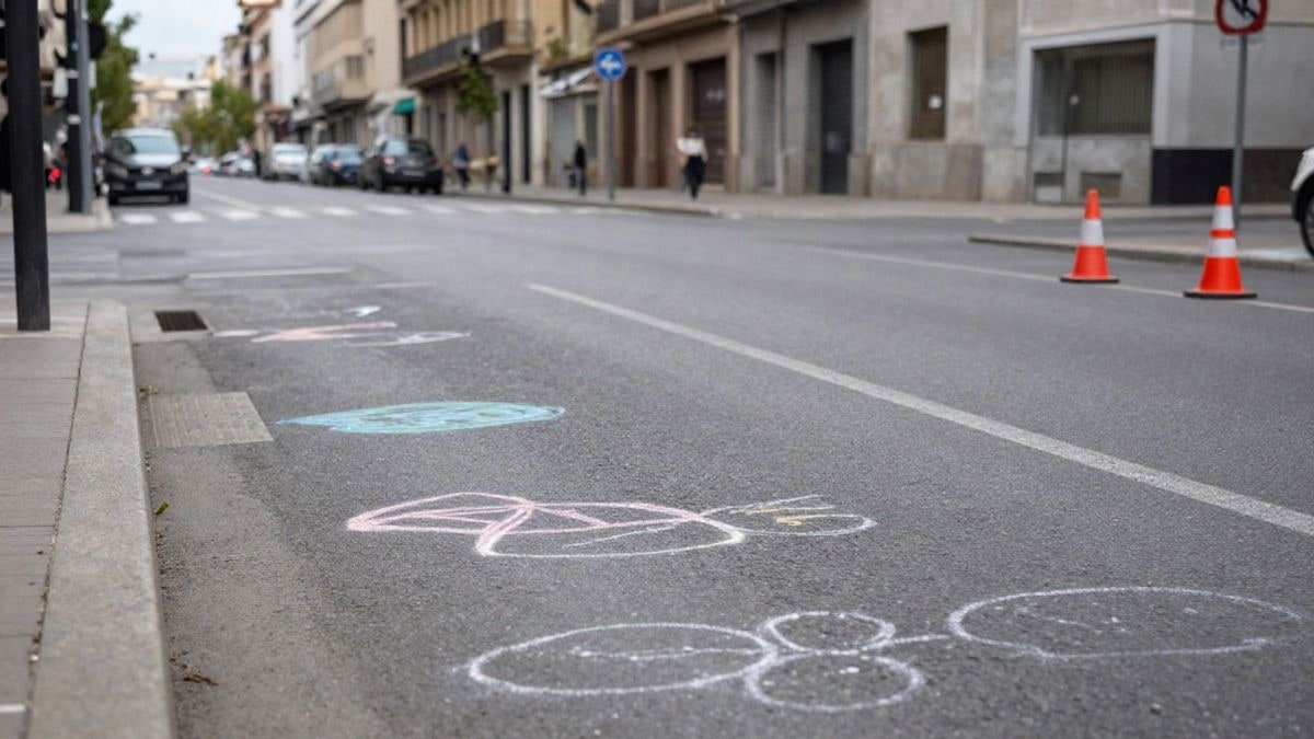 Imagen ilustrativa: calle urbana cortada al tráfico con dibujos de tiza en el asfalto y conos