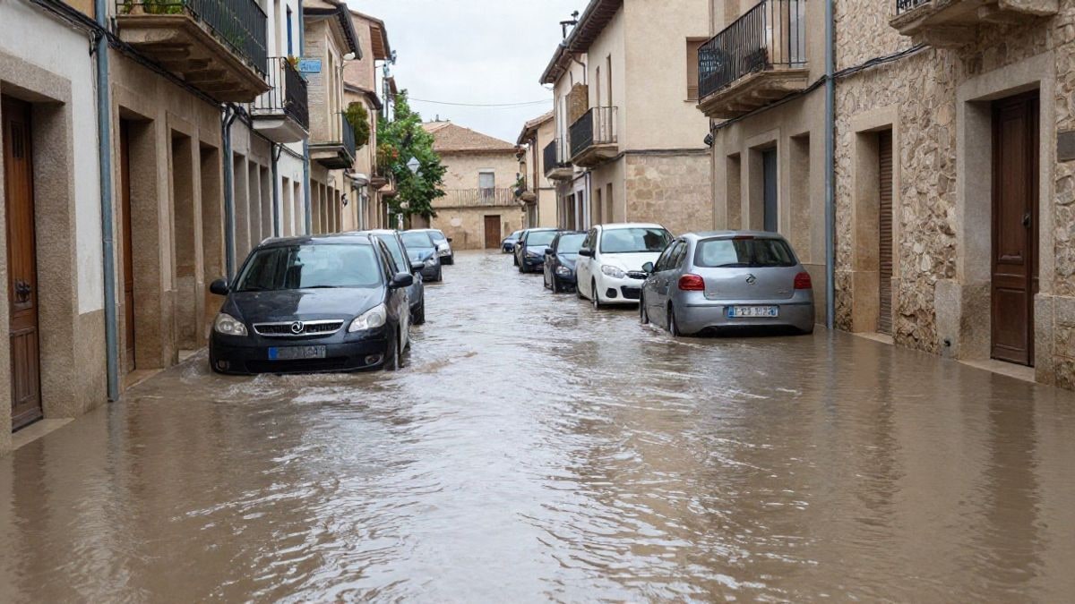 Imagen ilustrativa: calle inundada con coches aparcados parcialmente cubiertos por el agua, cielo nublado