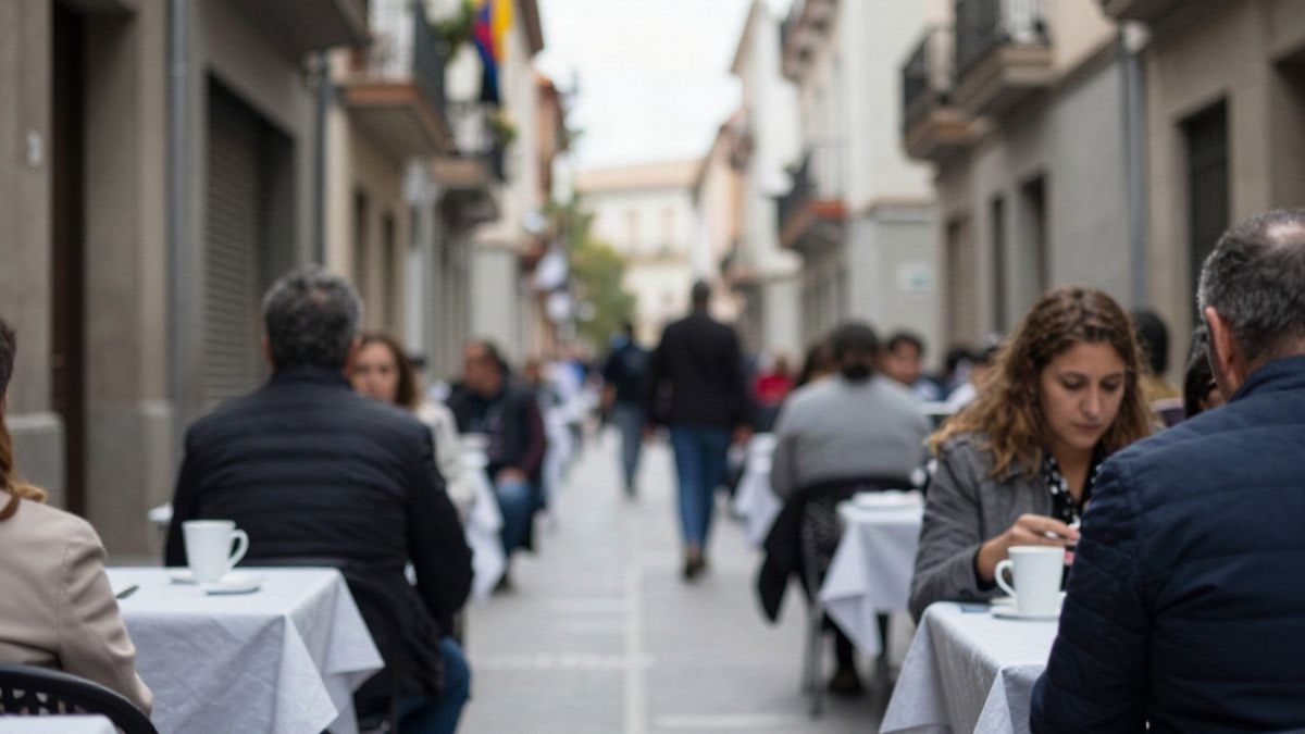 Imagen ilustrativa: personas mayores de espaldas sentadas en mesas durante un encuentro vecinal en una plaza
