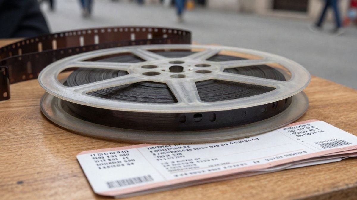 Imagen ilustrativa: primer plano de una bobina de película y entradas de cine sobre una mesa