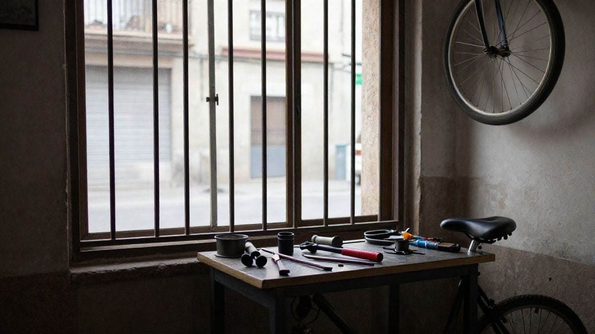 Imagen ilustrativa: taller de reparación de bicicletas con herramientas y una rueda