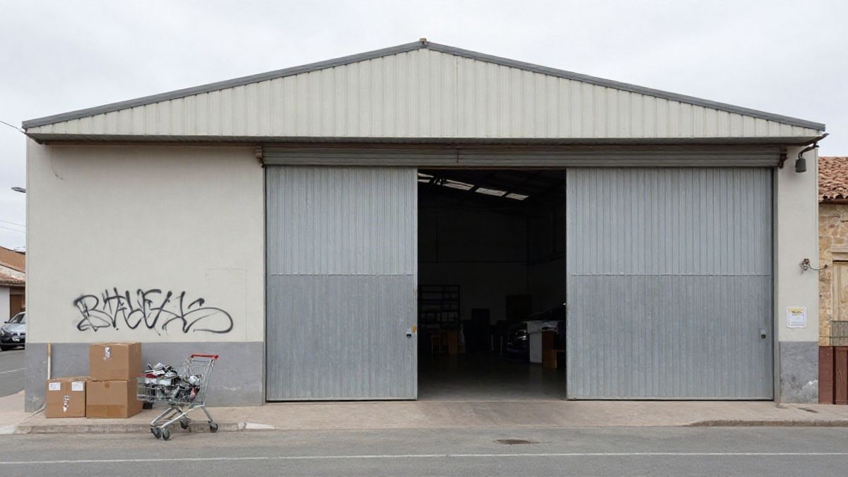 Imagen ilustrativa: una nave industrial con la puerta metálica entreabierta y objetos apilados en la entrada