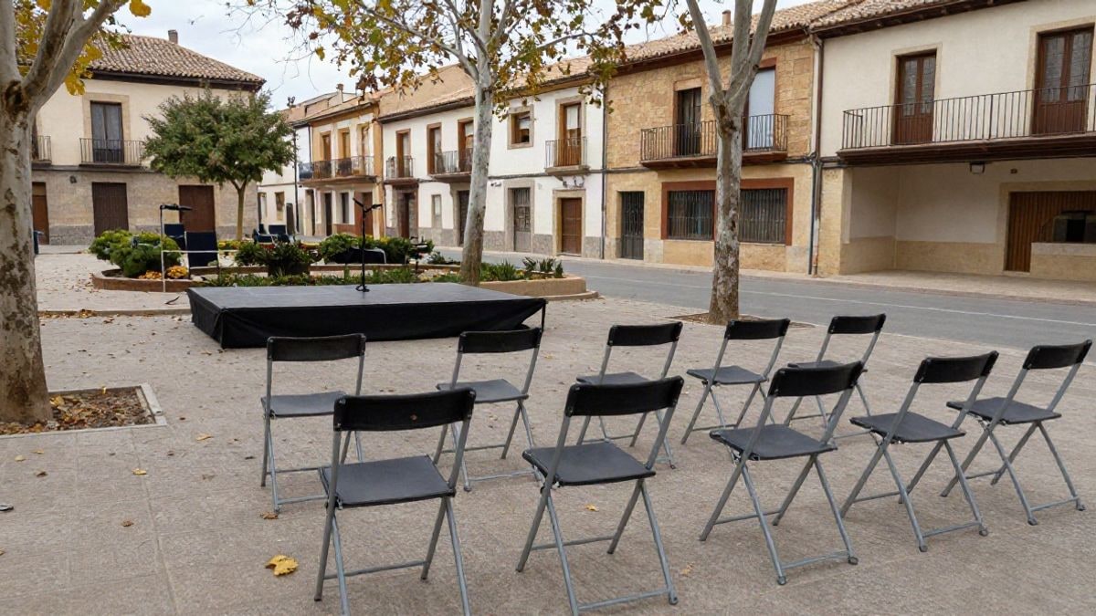 Imagen ilustrativa: sillas plegadas y escenario al aire libre en un parque durante el otoño