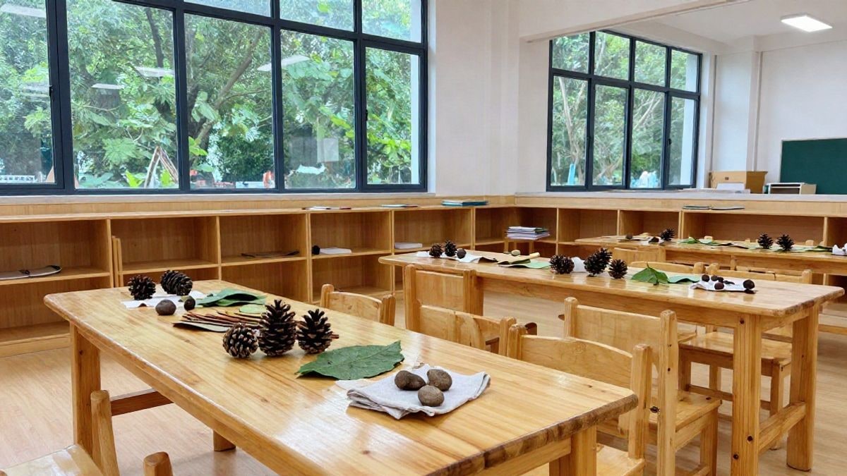 Imagen ilustrativa: sala de actividades con materiales naturales sobre mesas de madera, en un aula de naturaleza.