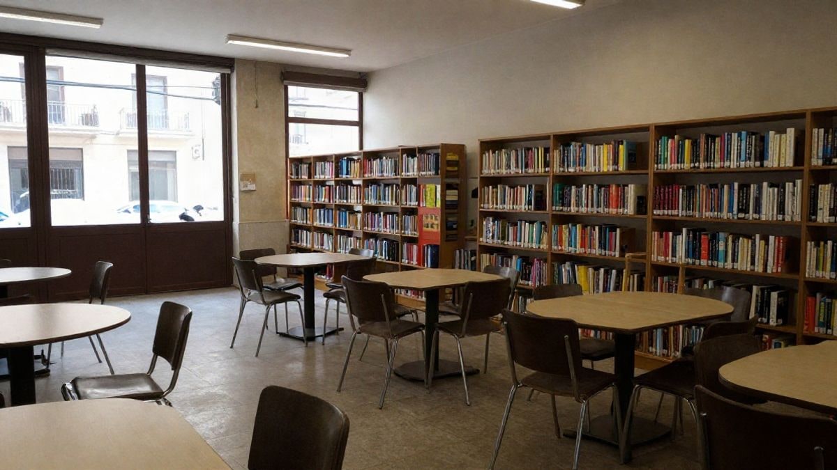 Imagen ilustrativa: interior de una biblioteca pública con mesas y sillas preparadas para un taller