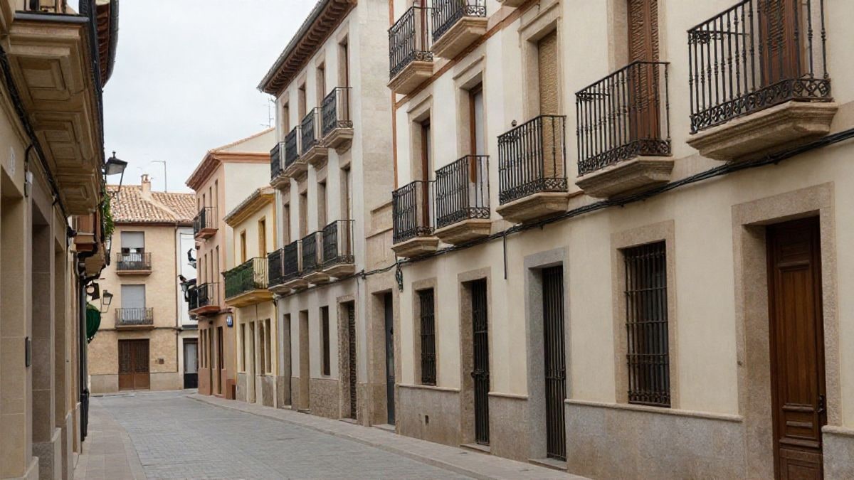 Imagen ilustrativa: calle de un pueblo catalán con casas modernistas y balcones de hierro forjado