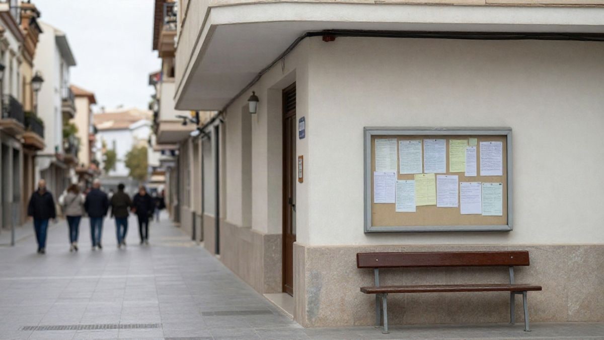 Imagen ilustrativa: entrada de un centro comunitario con un tablón de anuncios y un banco en la acera