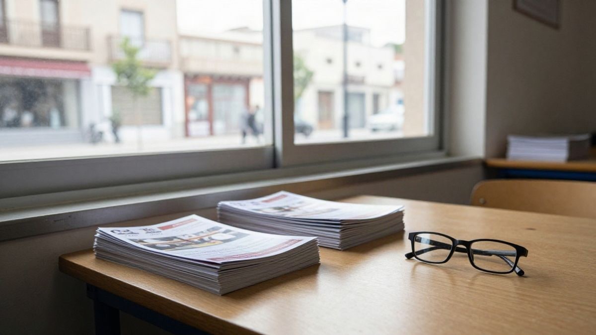 Imagen ilustrativa: folletos y gafas de lectura sobre una mesa en una sala comunitaria con luz lateral