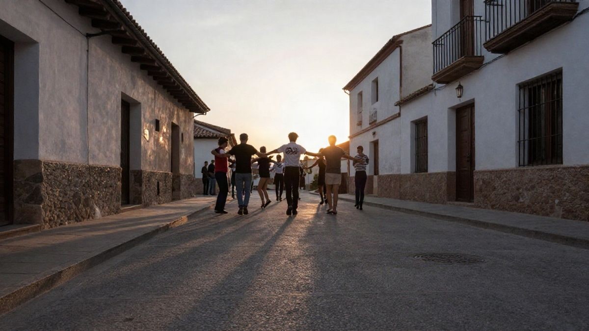 Imagen ilustrativa: grupo de personas bailando country en un celler rústico al atardecer