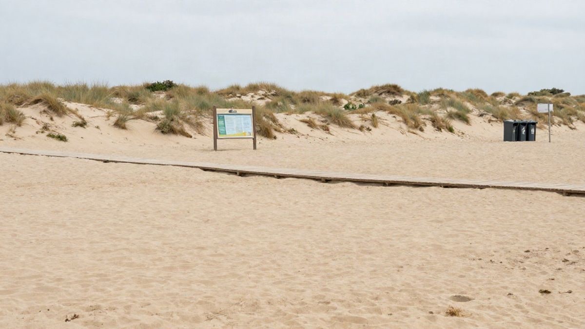 Imagen ilustrativa: dunas en una playa con pasarela de madera y vegetación baja