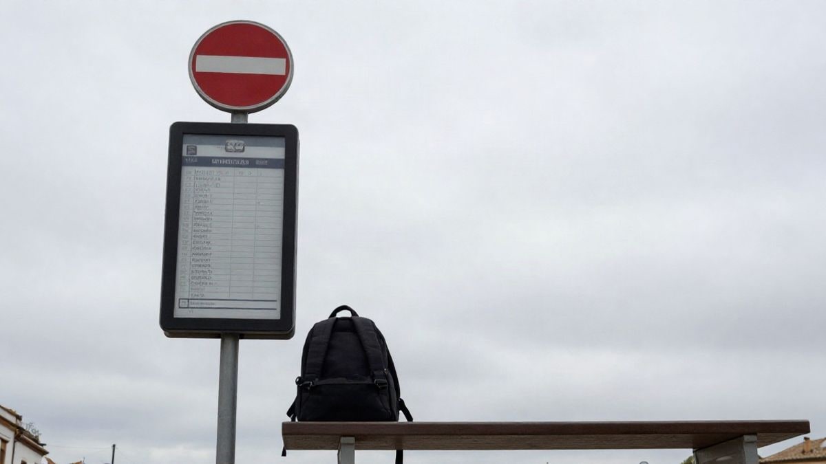 Imagen ilustrativa: parada de autobús con una mochila en el banco, vista desde un ángulo bajo con el cielo al fondo