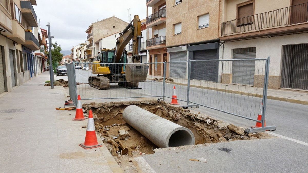 Imagen ilustrativa: una calle con obras y una zanja con tubería de alcantarillado