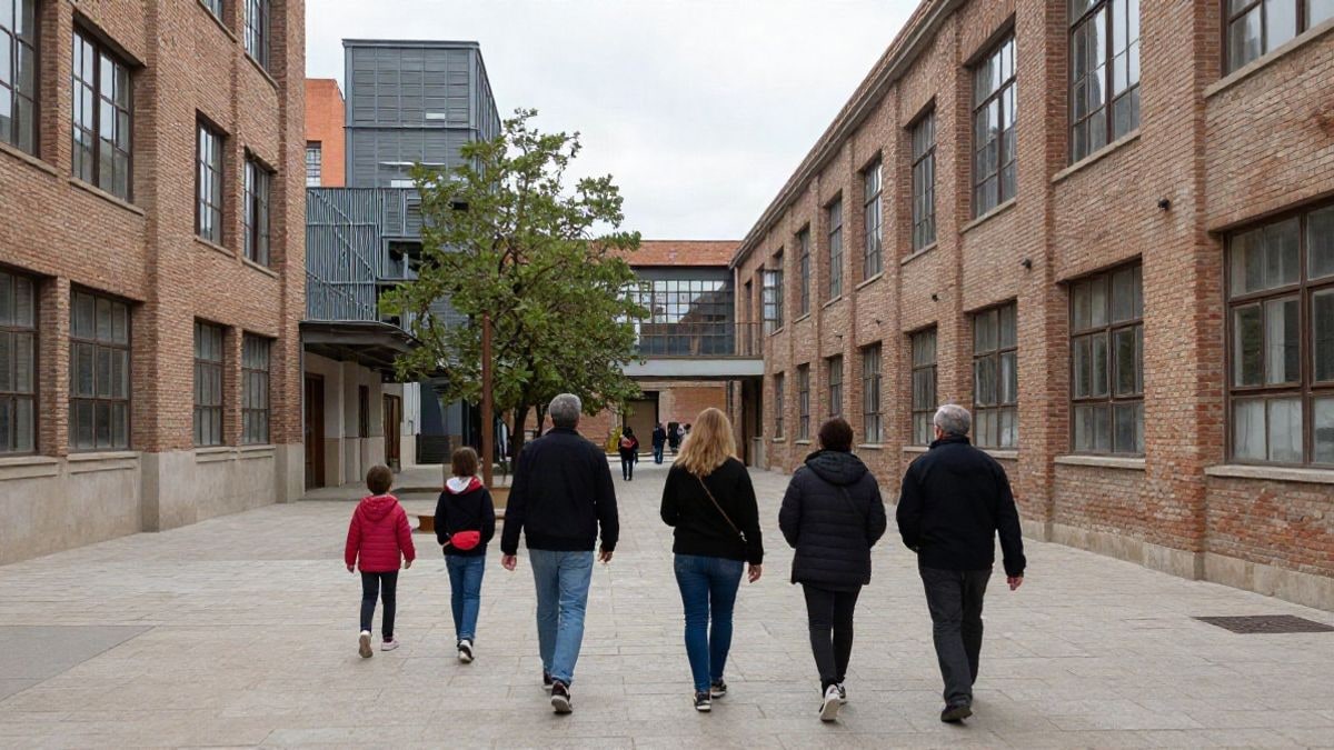 Imagen ilustrativa: familias recorriendo el patio de una antigua fábrica modernista reconvertida en museo, a plena luz del día.
