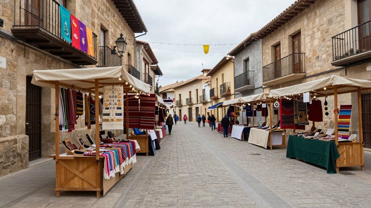 Imagen ilustrativa: un mercado medieval con puestos de madera y artesanía en una calle empedrada