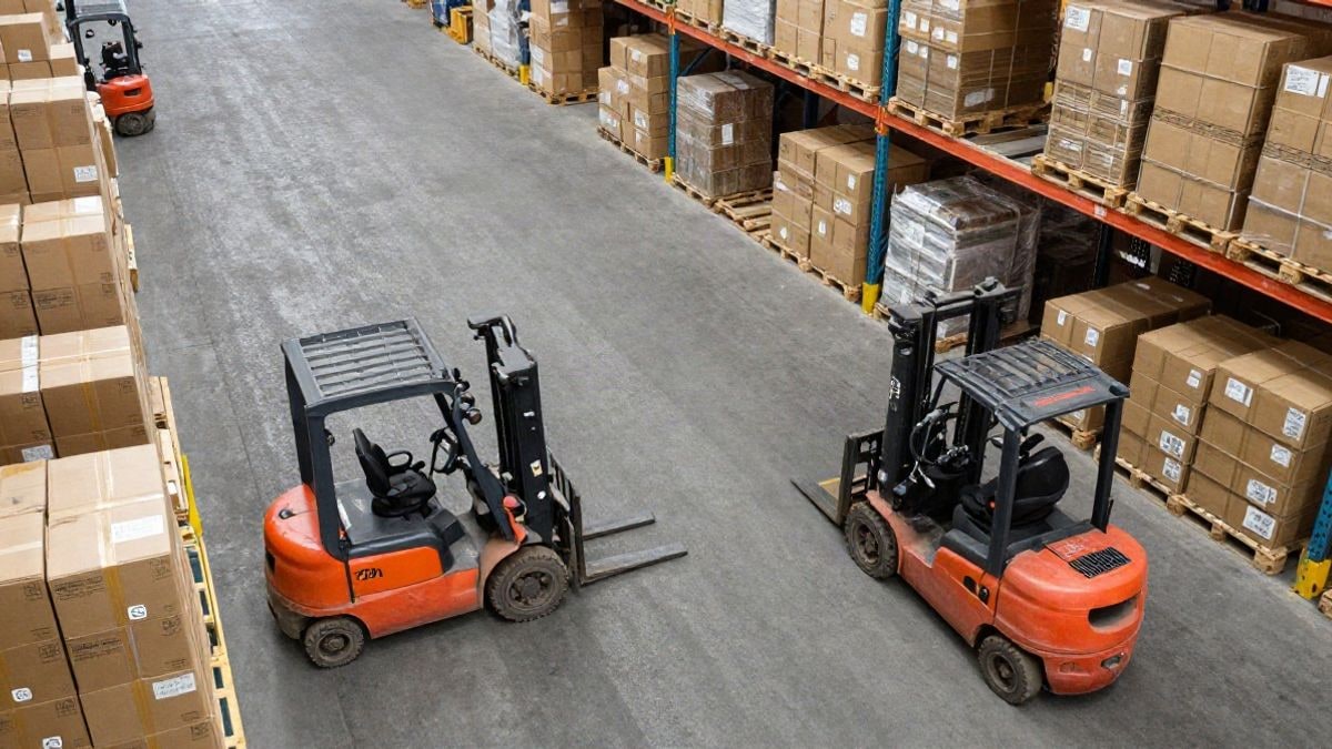 Imagen ilustrativa: vista cenital de una nave logística con palés y cajas apiladas