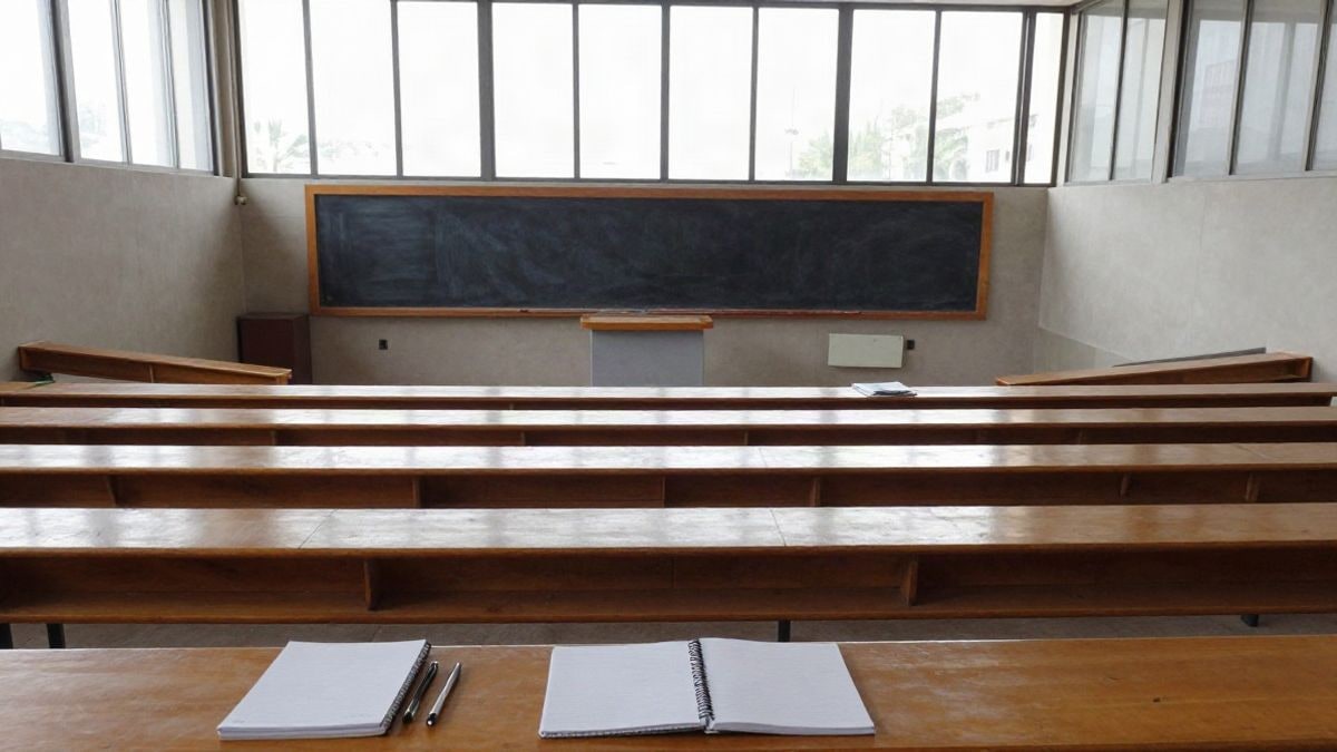 Imagen ilustrativa: un aula universitaria vacía con pupitres de madera y pizarra, iluminada por luz natural de ventanales.