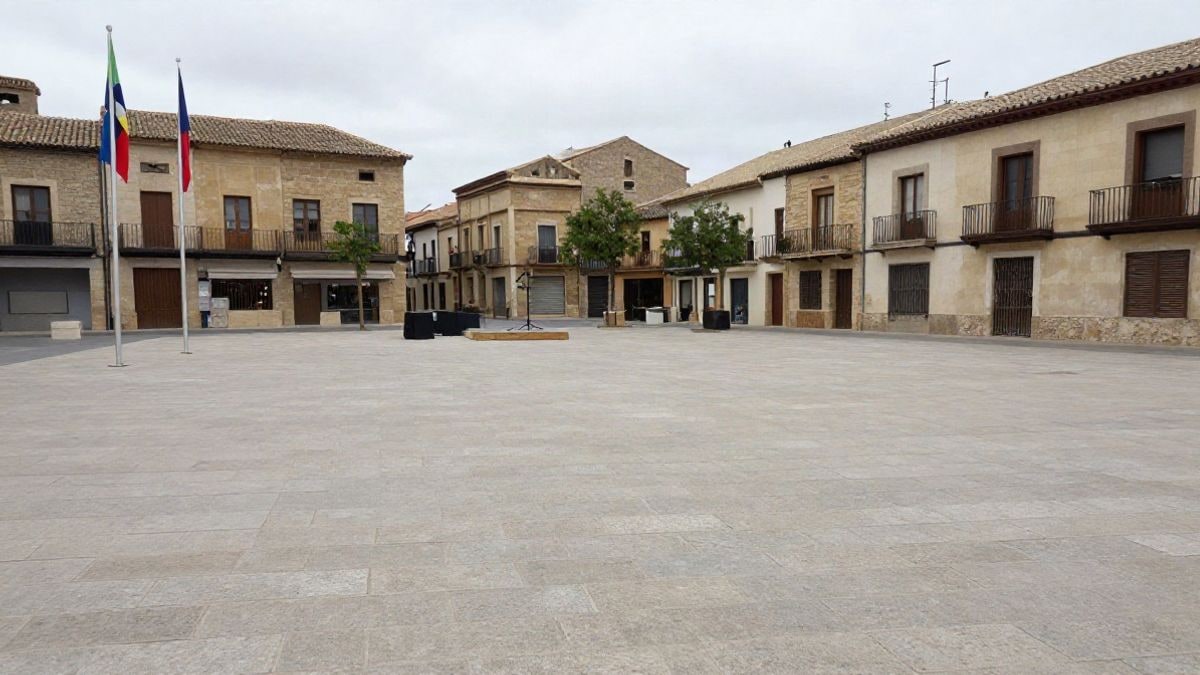 Imagen ilustrativa: plaza urbana con un escenario y micrófono, sin personas reconocibles, bajo un cielo nublado