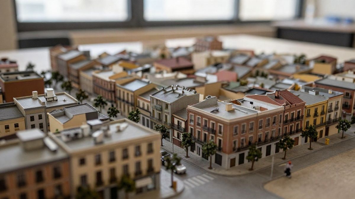 Imagen ilustrativa: primer plano de una maqueta de arquitectura con edificios en miniatura sobre una mesa de trabajo