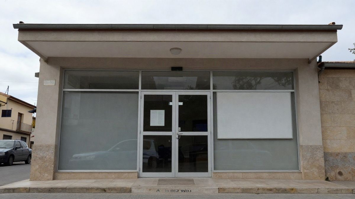 Imagen ilustrativa: ángulo bajo a ras de suelo de la entrada de un centro de formación de adultos con cielo despejado
