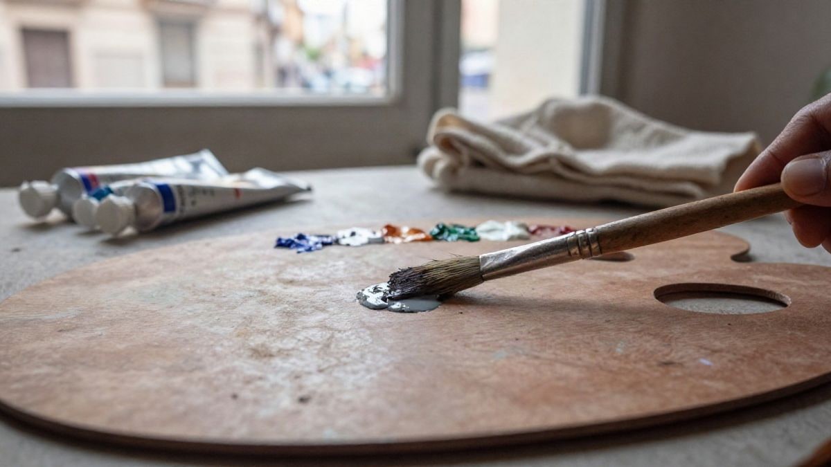 Imagen ilustrativa: primer plano de un pincel con pintura al óleo sobre una paleta de madera en un estudio de arte