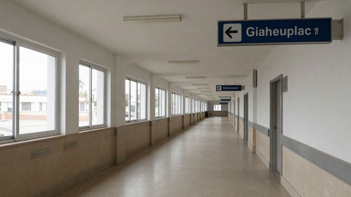 Imagen ilustrativa: pasillo de un hospital con señalización genérica de servicios médicos.