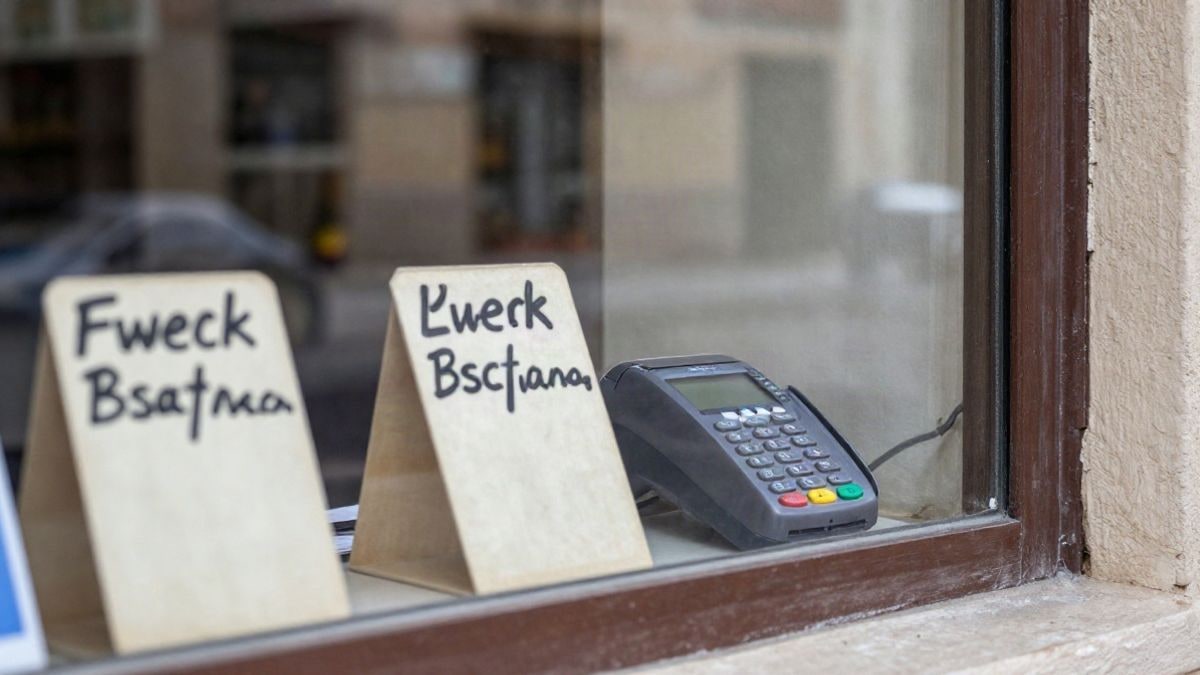 Imagen ilustrativa: primer plano de un escaparate de una tienda de barrio con etiquetas de precios y un datáfono en el mostrador