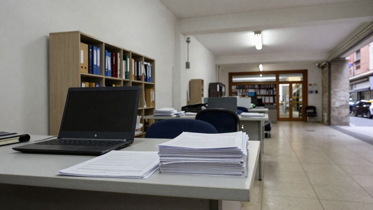 Imagen ilustrativa: una oficina municipal con cuestionarios en papel sobre una mesa y una silla vacía
