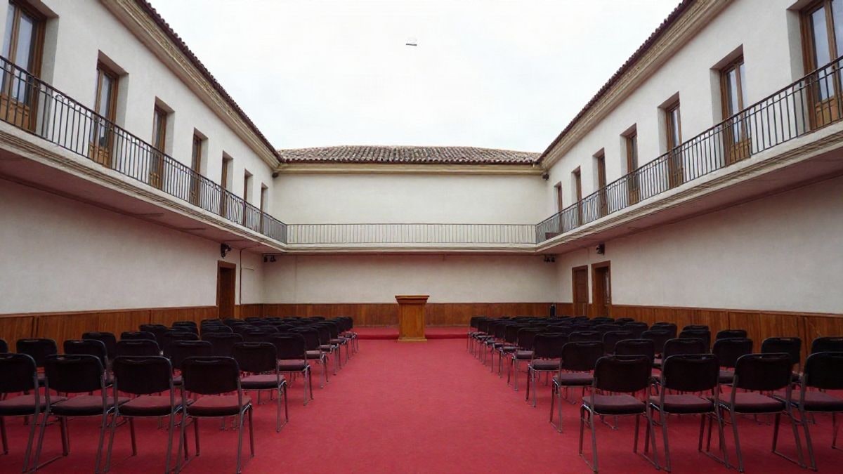 Imagen ilustrativa: un salón institucional vacío con líneas que convergen hacia un atril y sillas alineadas