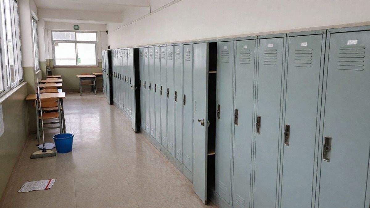 Imagen ilustrativa: pasillo de un colegio con taquillas y puertas entreabiertas, sin personas.