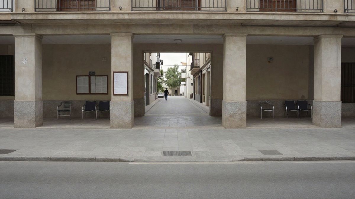 Imagen ilustrativa: entrada de un edificio municipal con un tablón de anuncios y sillas vacías en un día nublado