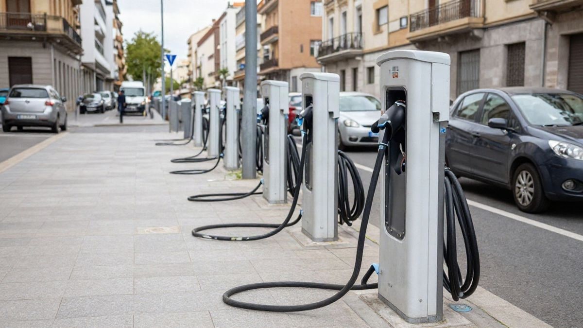 Imagen ilustrativa: varios puntos de recarga para vehículos eléctricos en una calle urbana con coches aparcados al fondo