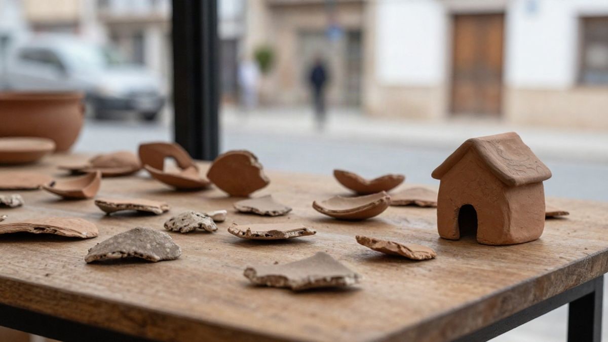 Imagen ilustrativa: fragmentos de cerámica ibérica y una maqueta de casa de barro sobre una mesa de madera