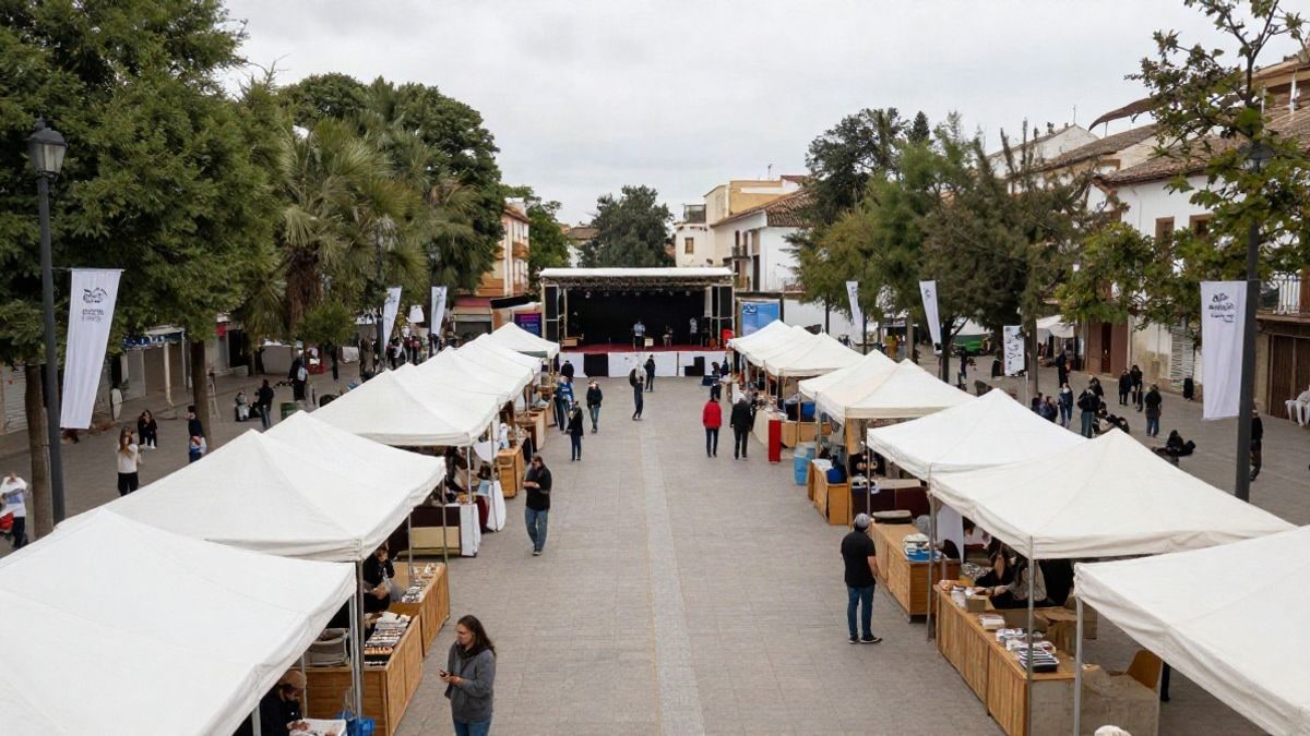 Imagen ilustrativa: gran angular de un parque público con carpas y puestos de una feria comunitaria